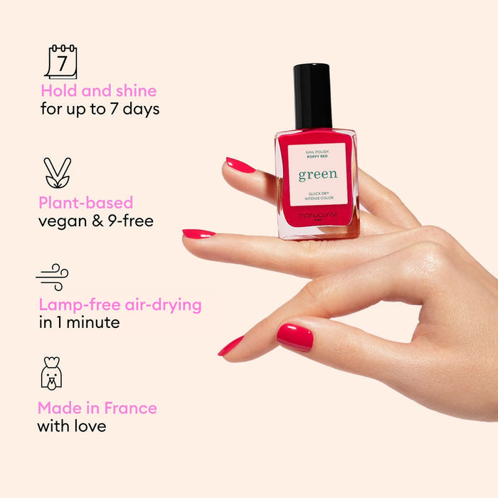 A hand with red nails holds a Manucurist Pink Sorbet Jelly polish—ultra-glossy, syrup effect, 7-day wear, plant-based, vegan, 9-free  air-dries in 1 min without a lamp. Made in France with love.