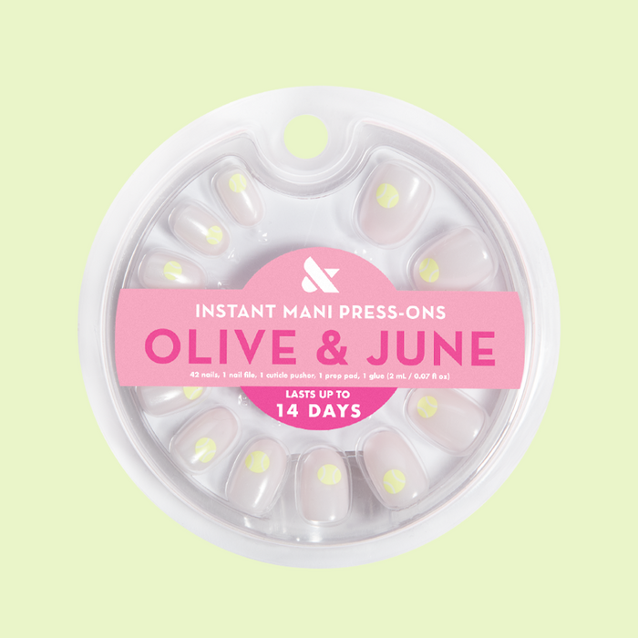 Perfect Serve - Press-On | Extra Short | Squoval with sheer neutral base and bright yellow-green tennis ball accents for easy manicure