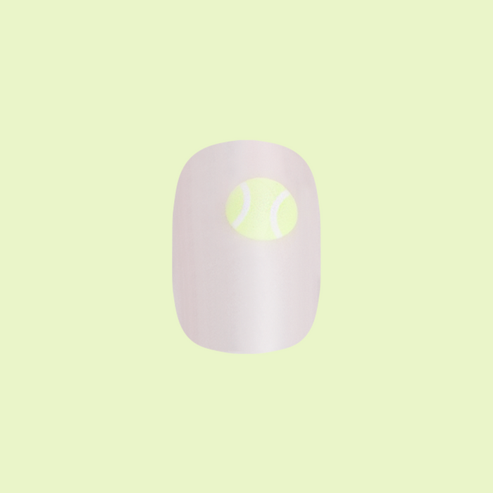 Perfect Serve - Press-On | Extra Short | Squoval with sheer neutral base and bright yellow-green tennis ball design for mani