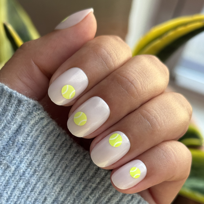 Perfect Serve - Press-On | Extra Short | Squoval with sheer neutral base and bright yellow-green tennis ball accents for mani