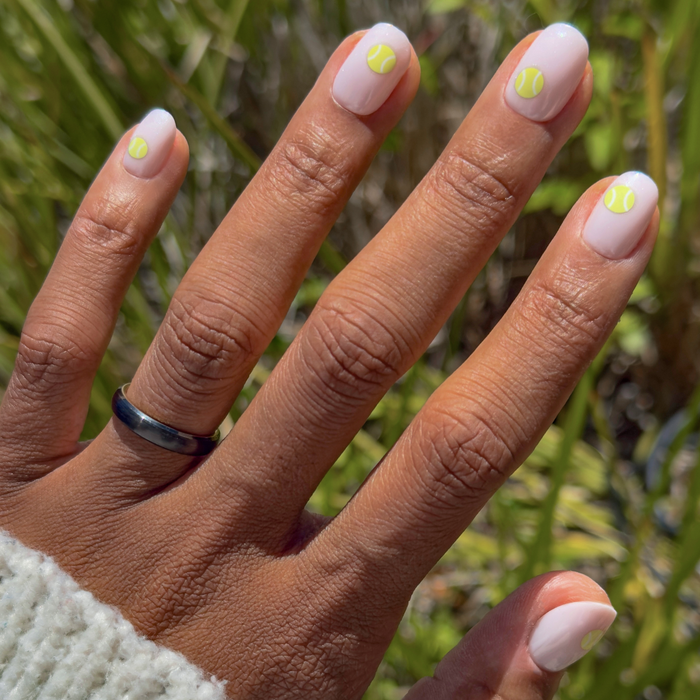 Perfect Serve - Press-On | Extra Short | Squoval with sheer neutral base and bright yellow-green tennis ball design for easy mani