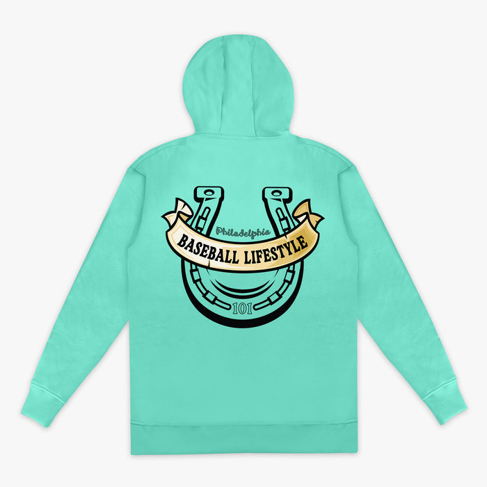 Light blue hoodie with a horseshoe graphic design and 'Philadelphia Baseball Lifestyle' on the back on a white background