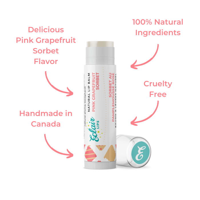 Lip balm tube with pink grapefruit sorbet flavor and a second cap.