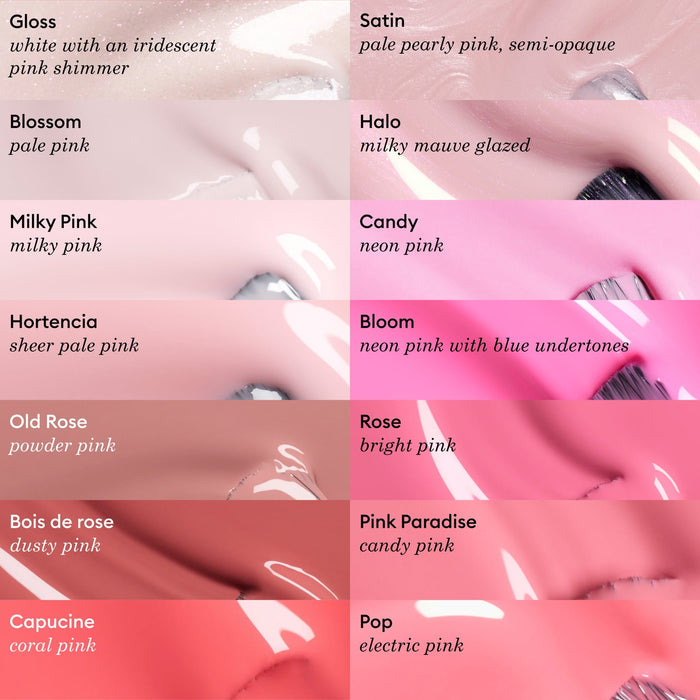 A grid of 14 pink nail polish swatches by Manucurist, each labeled, showcases blue undertones and Green™ range shades like classics Blossom, Milky Pink, neon pink, and includes Bloom.