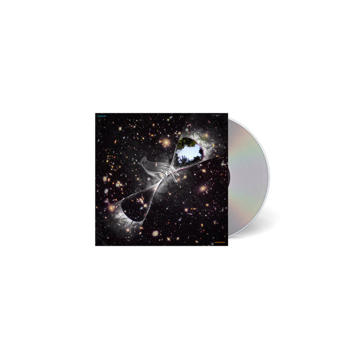 A Pinkshift CD and its case display cover art of outer space, stars, and an hourglass containing Earth with a hand reaching upward. The partially visible CD reflects light. Release date details appear on a white background.