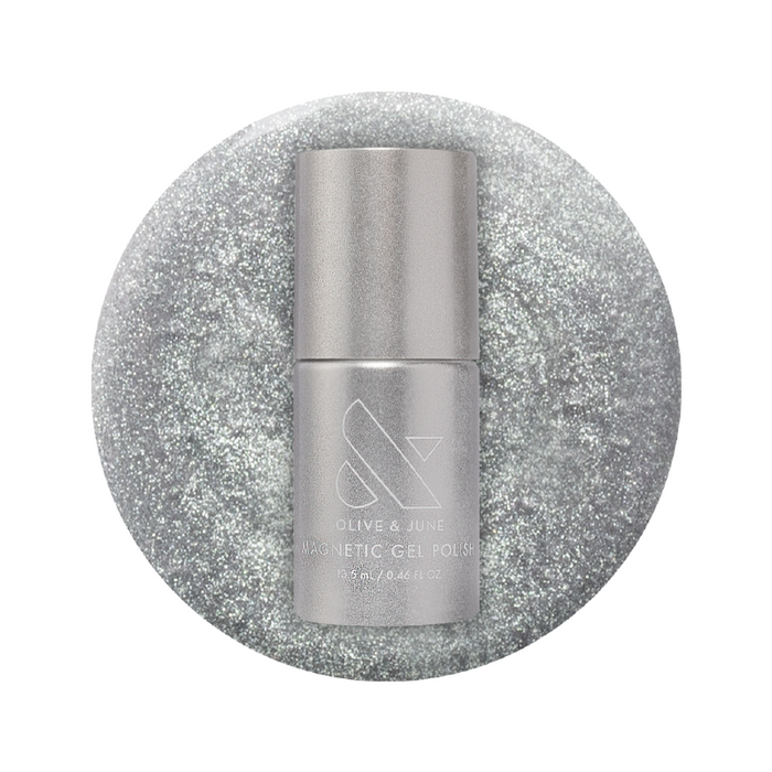Platinum Velvet - Gel bottle on sparkling sheer silver shimmer magnetic gel polish background