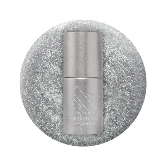 Platinum Velvet - Gel bottle on sparkling sheer silver shimmer magnetic gel polish background
