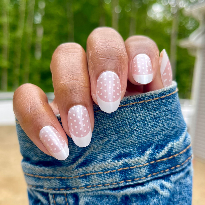 Polka Dot Tights - Press-On | Medium | Oval with white polka dots and crisp chrome french tips on medium oval false nails