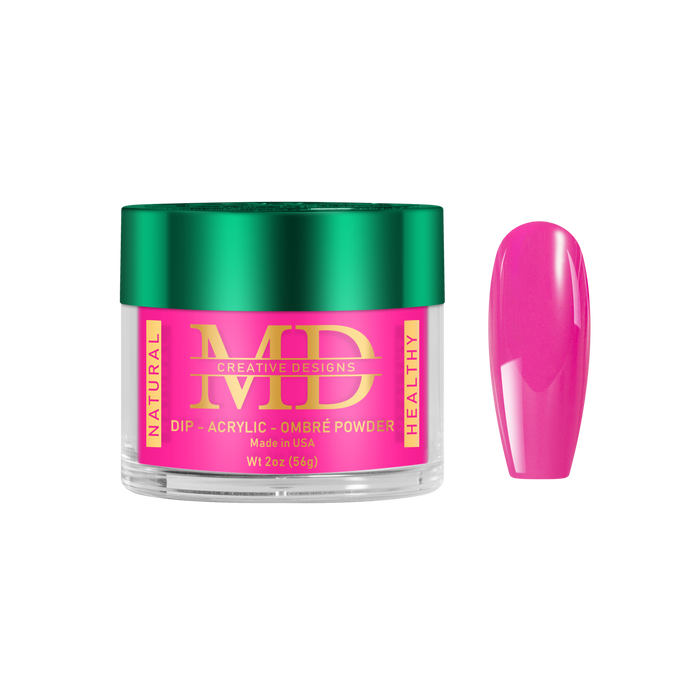 Jar of MD nail powder with a pink nail tip color swatch on a white background