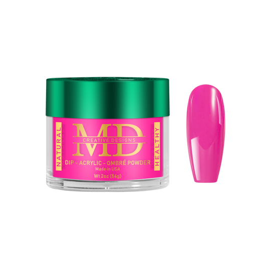Jar of MD nail powder with a pink nail tip color swatch on a white background