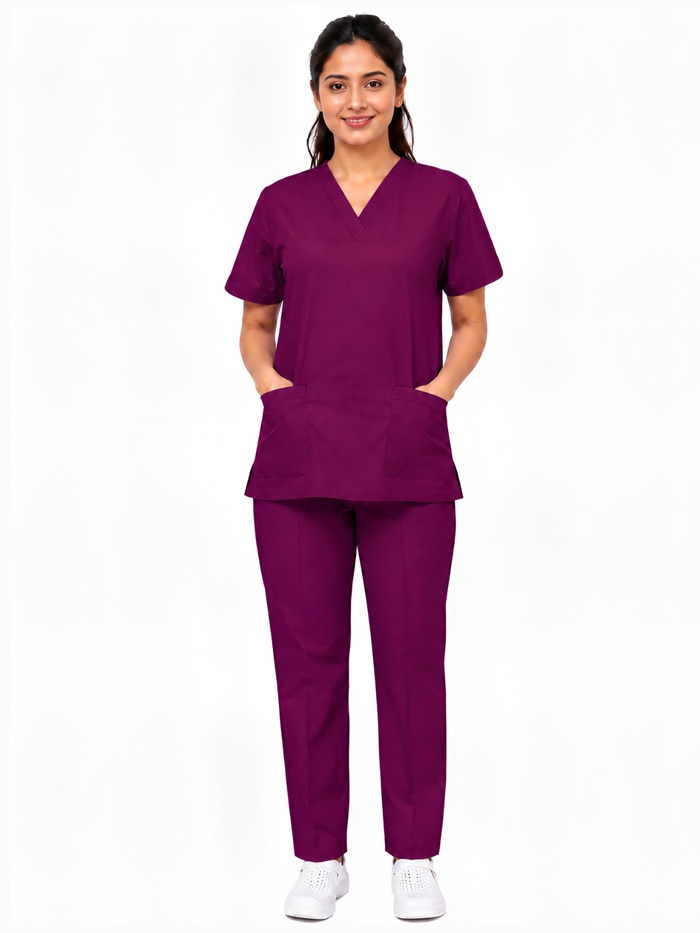 PRESTIGE 4 POCKET V NECK (WINE) WOMEN SCRUB