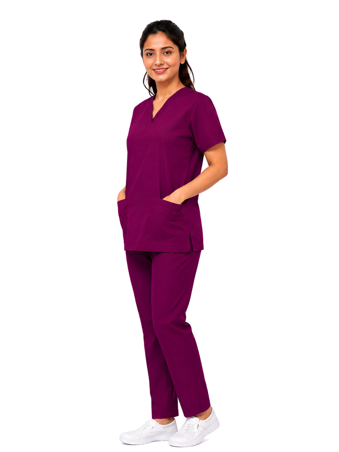 PRESTIGE 4 POCKET V NECK (WINE) WOMEN SCRUB