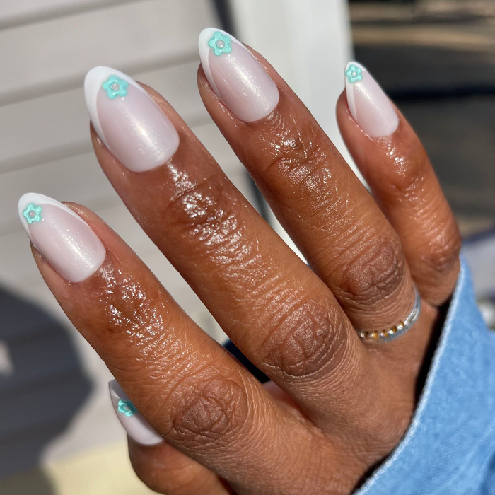 Puffy Flower Chrome French - Press-On | Medium | Almond nails with delicate blue puffy flower detail for an easy at-home mani