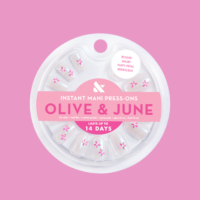Puffy Petal Iridescent - Press-On | Short | Round sheer round false nails with iridescent finish and puffy pink flower design