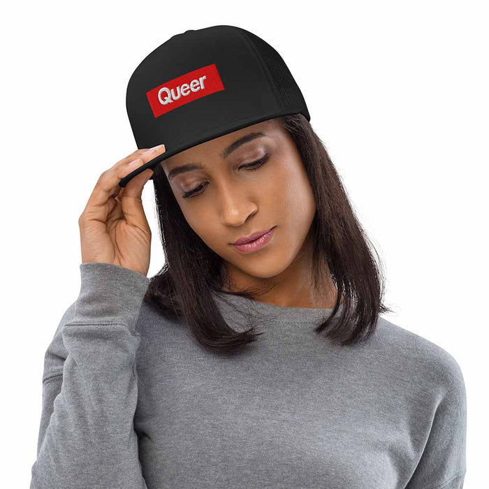 5-panel-trucker-cap-black-front-on woman