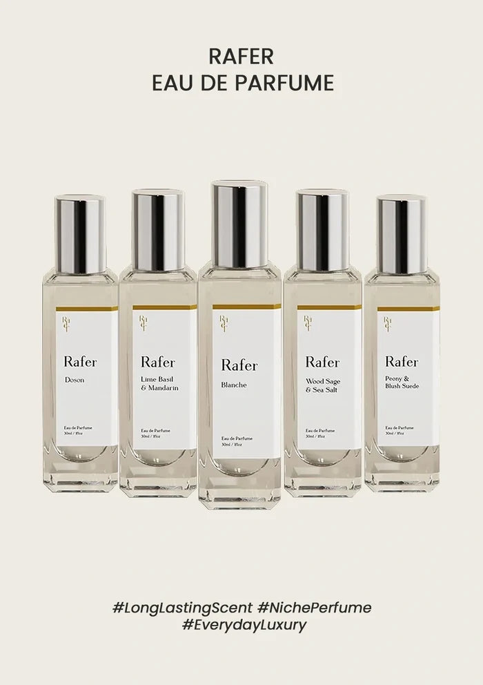 Five bottles of Rafer Eau de Parfum on a white background