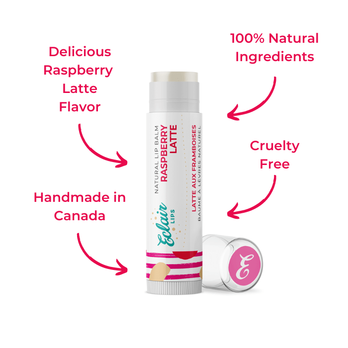 Lip balm labeled Raspberry Latte and cap on white background.