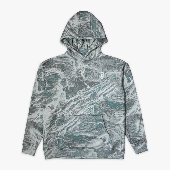 Marbled gray and green hoodie with BL101 logo on a white background
