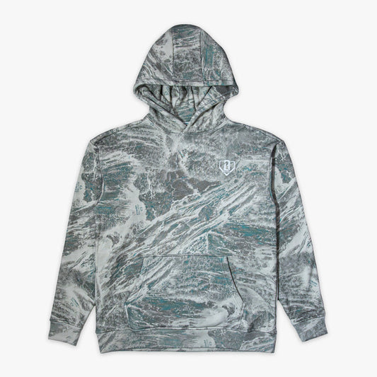 Marbled gray and green hoodie with BL101 logo on a white background