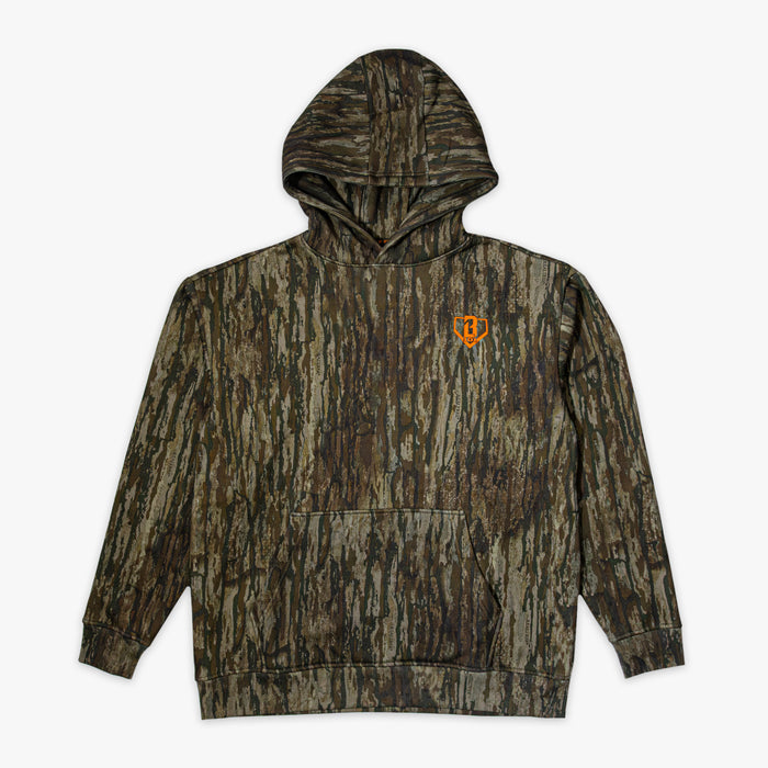 Camouflage hoodie with a orange BL101 logo on a white background