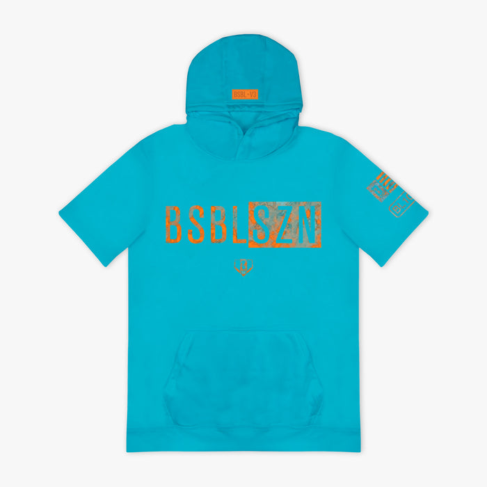Turquoise hoodie with orange 'BSBLSZN' text and logo on a white background