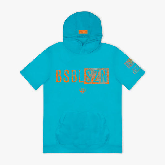 Turquoise hoodie with orange 'BSBLSZN' text and logo on a white background