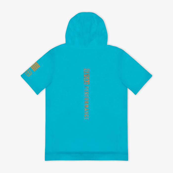 Turquoise hoodie with orange 'BL101 PERFORMANCE' text and logo on back