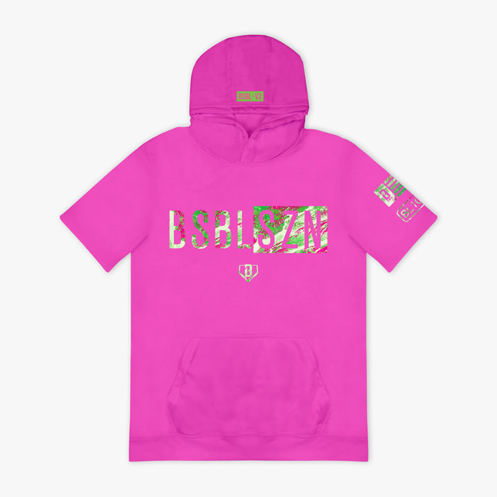 Pink hoodie with camouflage BSBLSZN text and logos on a white background