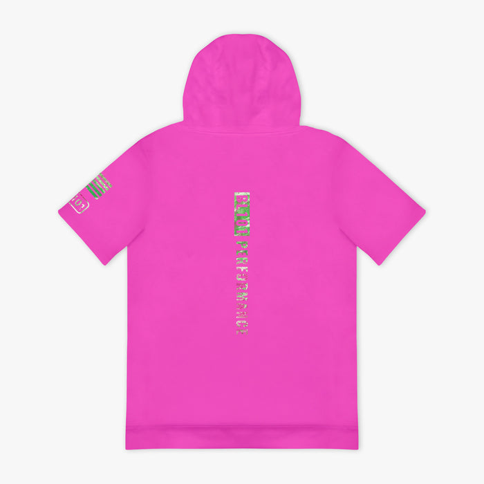 Pink hoodie with camouflage 'BL101 PERFORMANCE' text design on the back against a white background