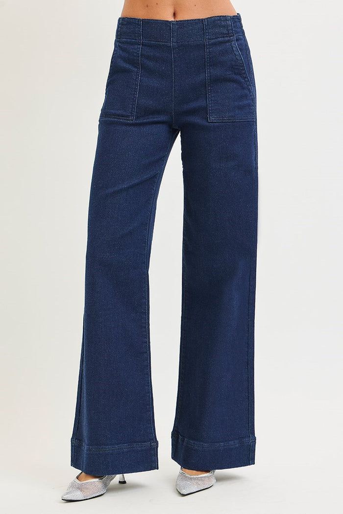 Risen- Elastic Band High Rise Wide Jeans with Patch Pockets