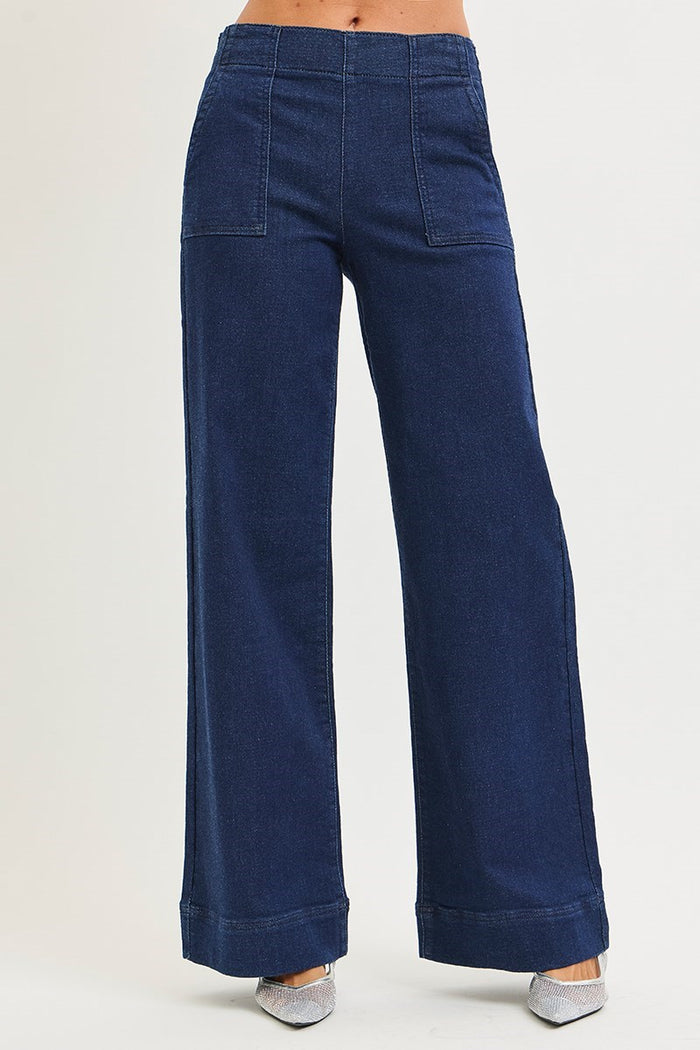 Risen- Elastic Band High Rise Wide Jeans with Patch Pockets