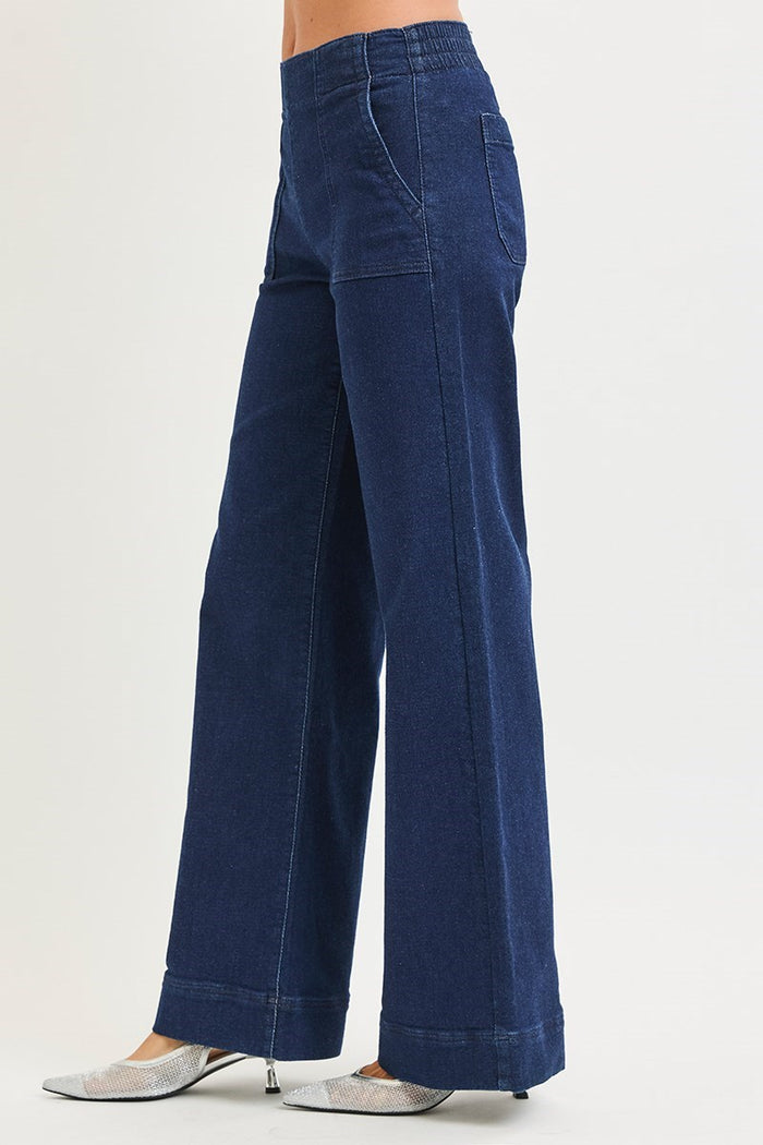 Risen- Elastic Band High Rise Wide Jeans with Patch Pockets