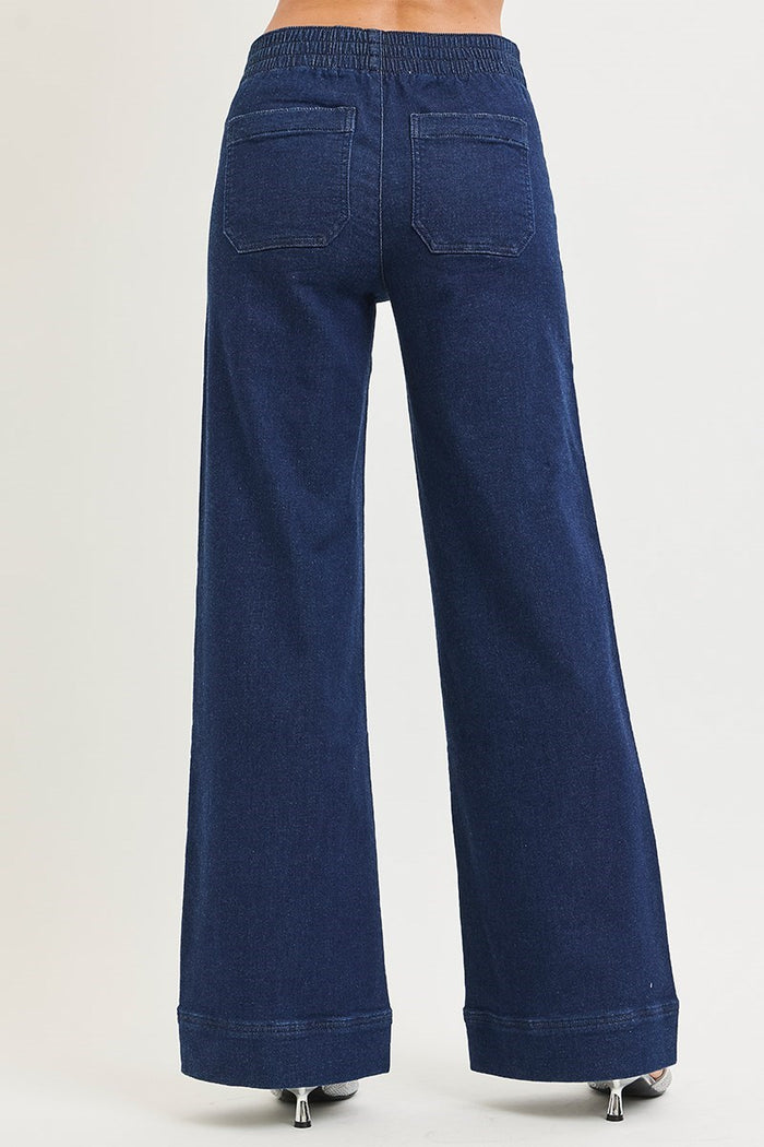 Risen- Elastic Band High Rise Wide Jeans with Patch Pockets