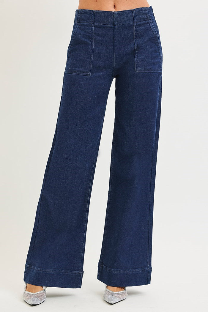 Risen- Elastic Band High Rise Wide Jeans with Patch Pockets