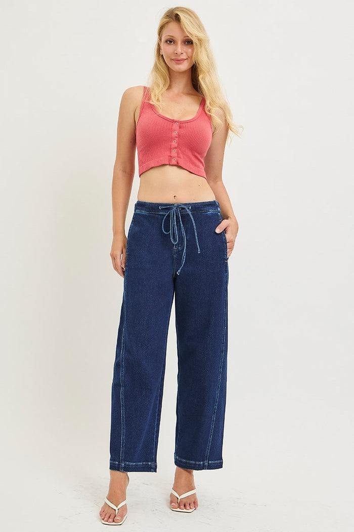 Risen Elastic Band Slouchy Crop Barrel Jeans with Drawstring
