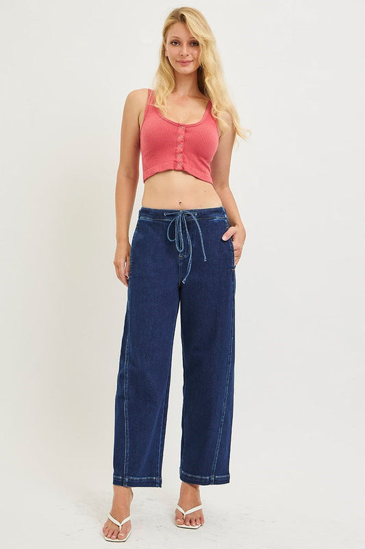 Risen Elastic Band Slouchy Crop Barrel Jeans with Drawstring