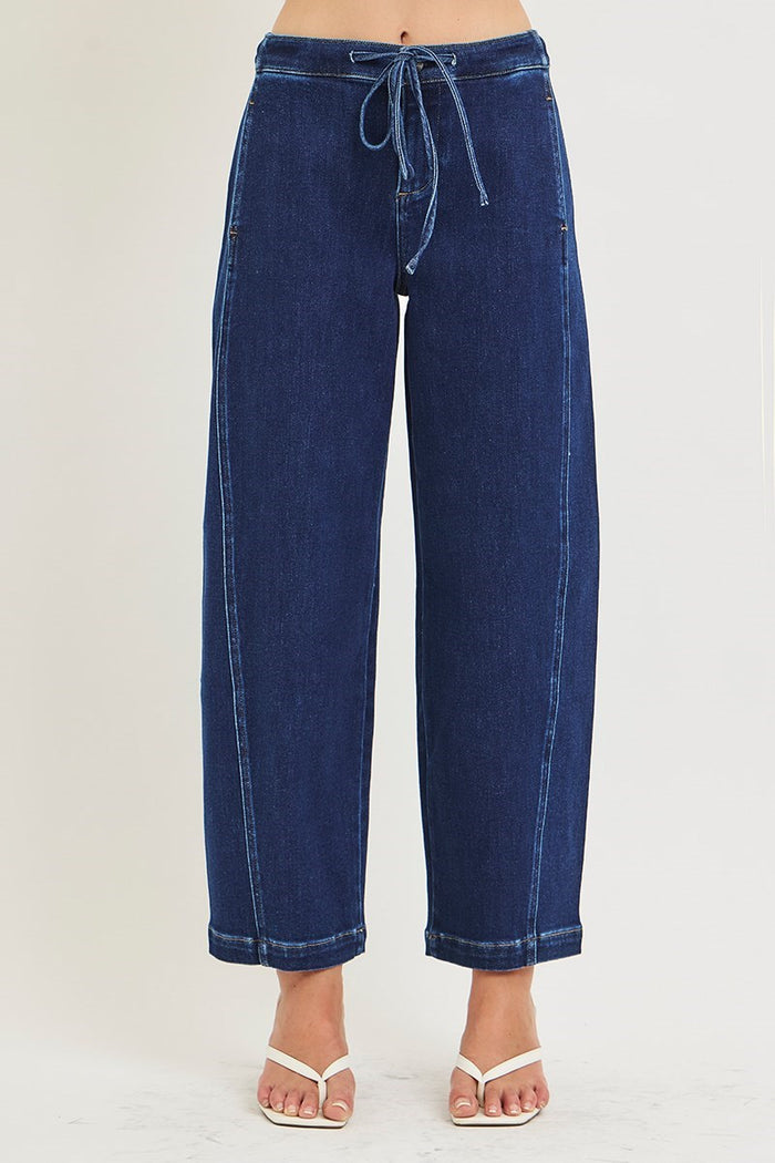 Risen Elastic Band Slouchy Crop Barrel Jeans with Drawstring