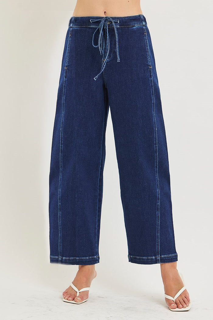 Risen Elastic Band Slouchy Crop Barrel Jeans with Drawstring