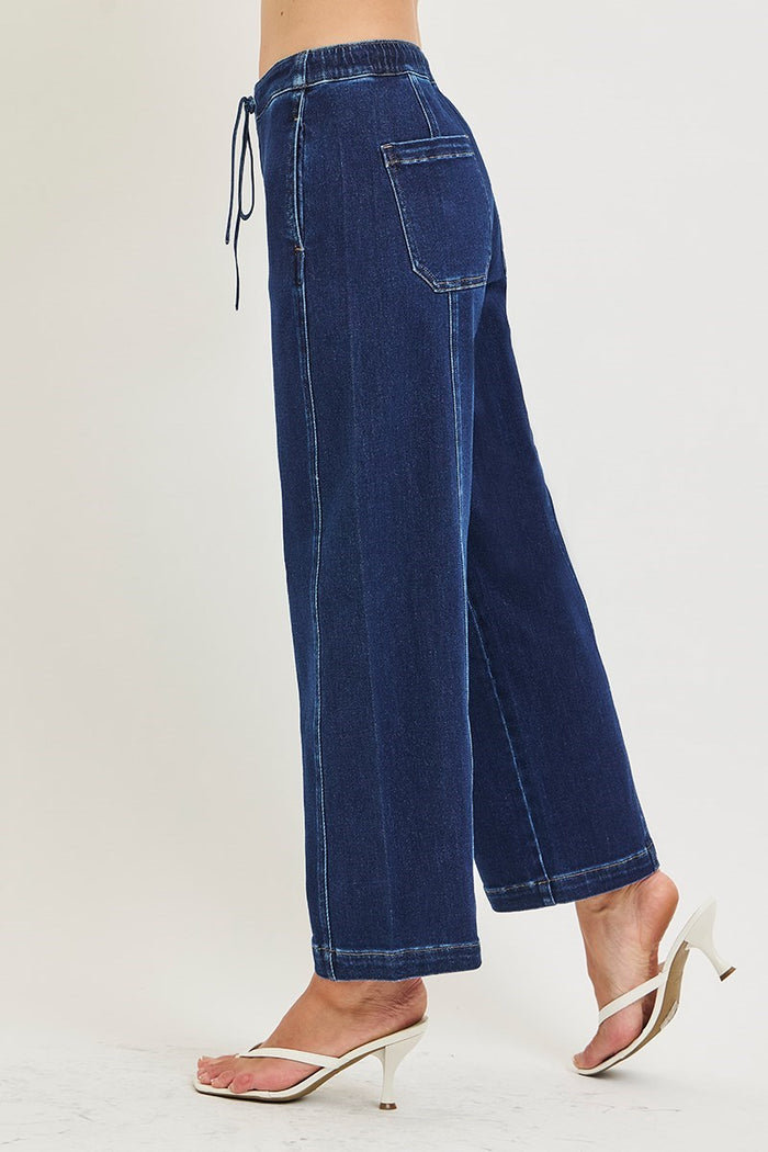 Risen Elastic Band Slouchy Crop Barrel Jeans with Drawstring