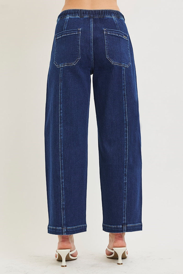 Risen Elastic Band Slouchy Crop Barrel Jeans with Drawstring