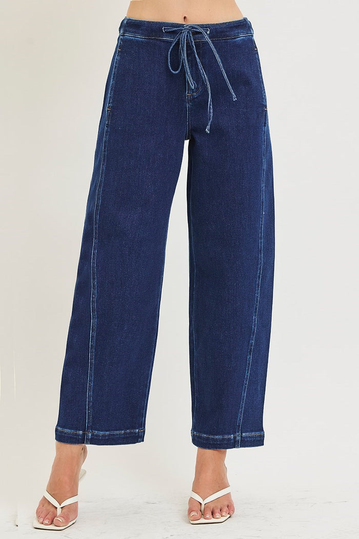 Risen Elastic Band Slouchy Crop Barrel Jeans with Drawstring