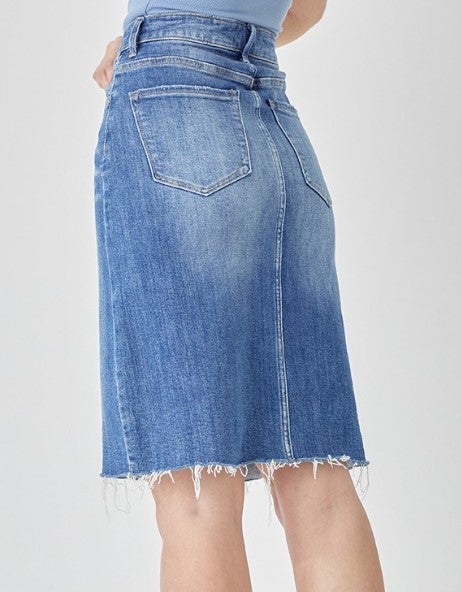 Risen High-Rise Denim Pencil Skirt