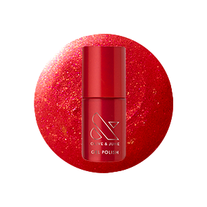 Bottle of Rodeo Queen - Gel polish in bright pinky-red with silver shimmer by Olive and June on glittery background