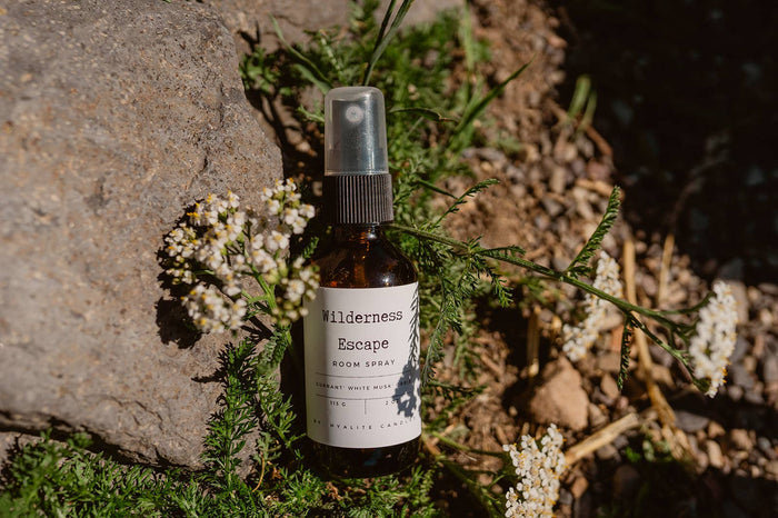 Hyalite & Co Montana Homestead room spray bottle with spray nozzle, featuring rustic label design and natural scent branding
