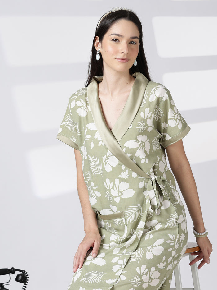 Sage Bloom Floral Poly Viscose House Coat for Women
