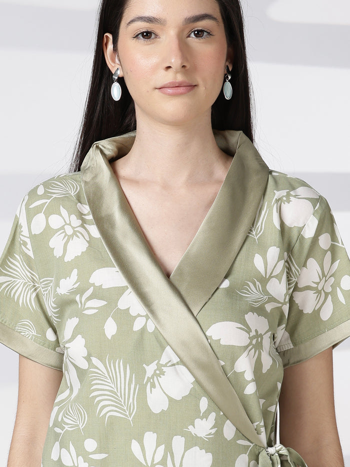 Sage Bloom Floral Poly Viscose House Coat for Women