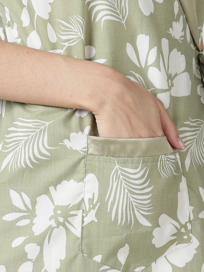 Sage Bloom Floral Poly Viscose House Coat for Women