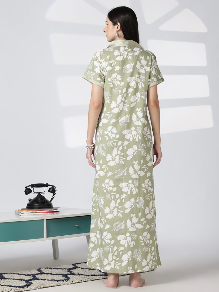 Sage Bloom Floral Poly Viscose House Coat for Women