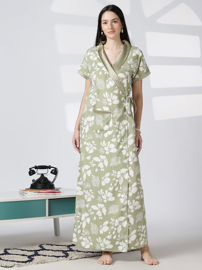 Sage Bloom Floral Poly Viscose House Coat for Women