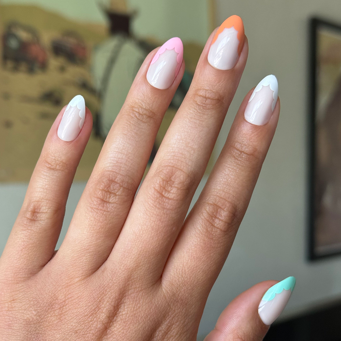 Scalloped French - Press-On | Medium | Almond with soft multi-color scalloped tips for easy at-home manicure